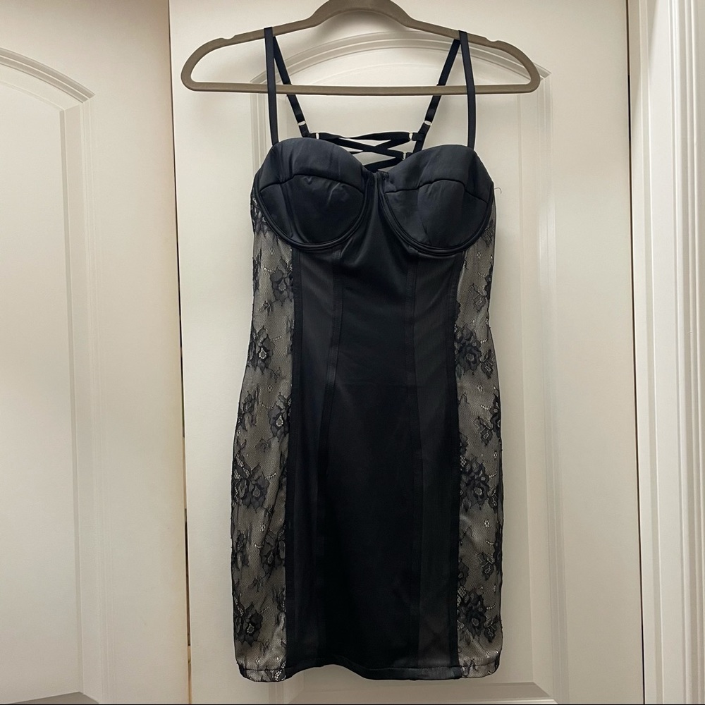 Black bustier lace mini dress